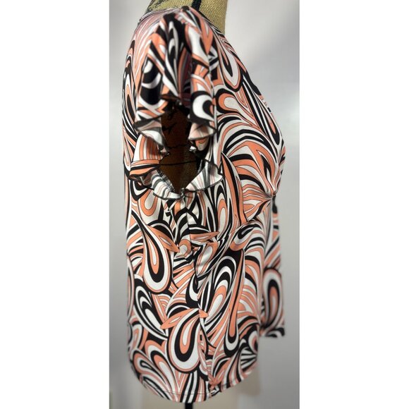 Y2K Babydoll Top Sz L Retro Psychedelic Print Brown and Coral V Neck Flutter Sle - Picture 3 of 8
